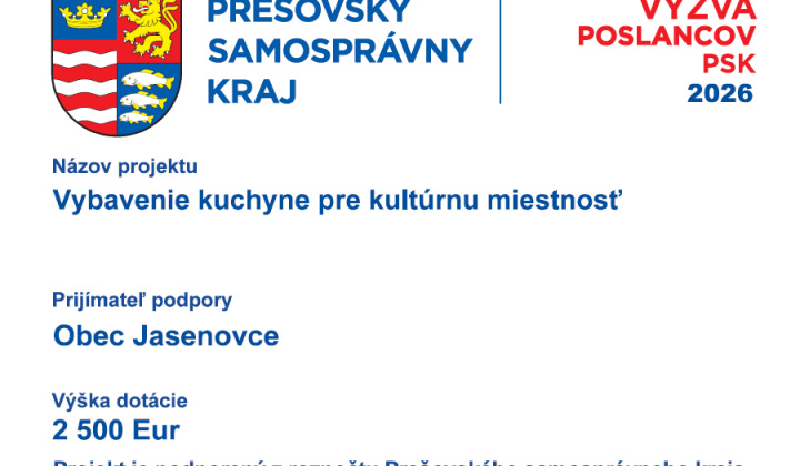 3. fotografia fotogalérie Aktuality / Vybavenie kuchyne pre kultúrnu miestnosť - Projekt podporený z rozpočtu PSK - foto