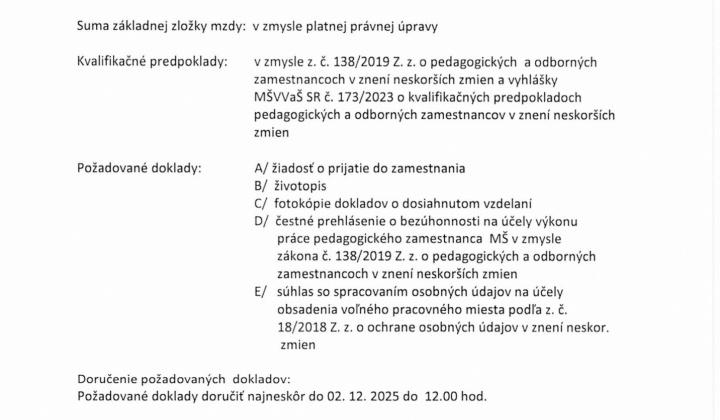 Fotka - Oznam o voľnom pracovnom mieste – Učiteľ/ka v materskej škole