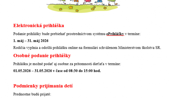 Fotka - Zápis detí do materskej školy v Jasenovciach od 01.05.2026 do 31.05.2026